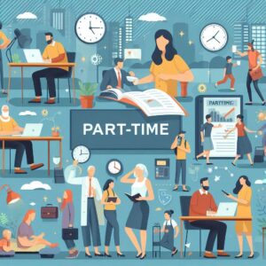 Diverse group of people working part-time jobs during different hours—students, parents, and retirees shown working in flexible roles like retail, delivery, and remote work—symbolizing the growing demand for part-time work in late 2025